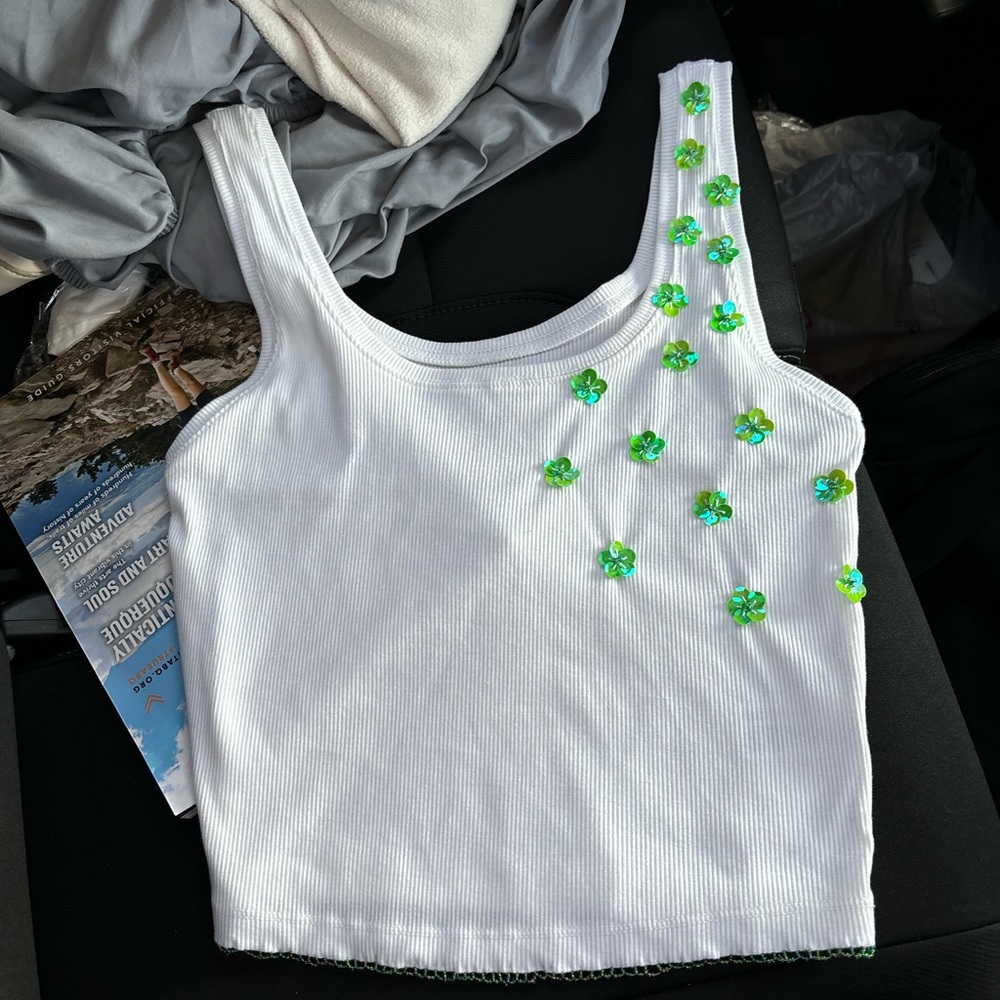 White Floral Handmade Embellished Tank Top